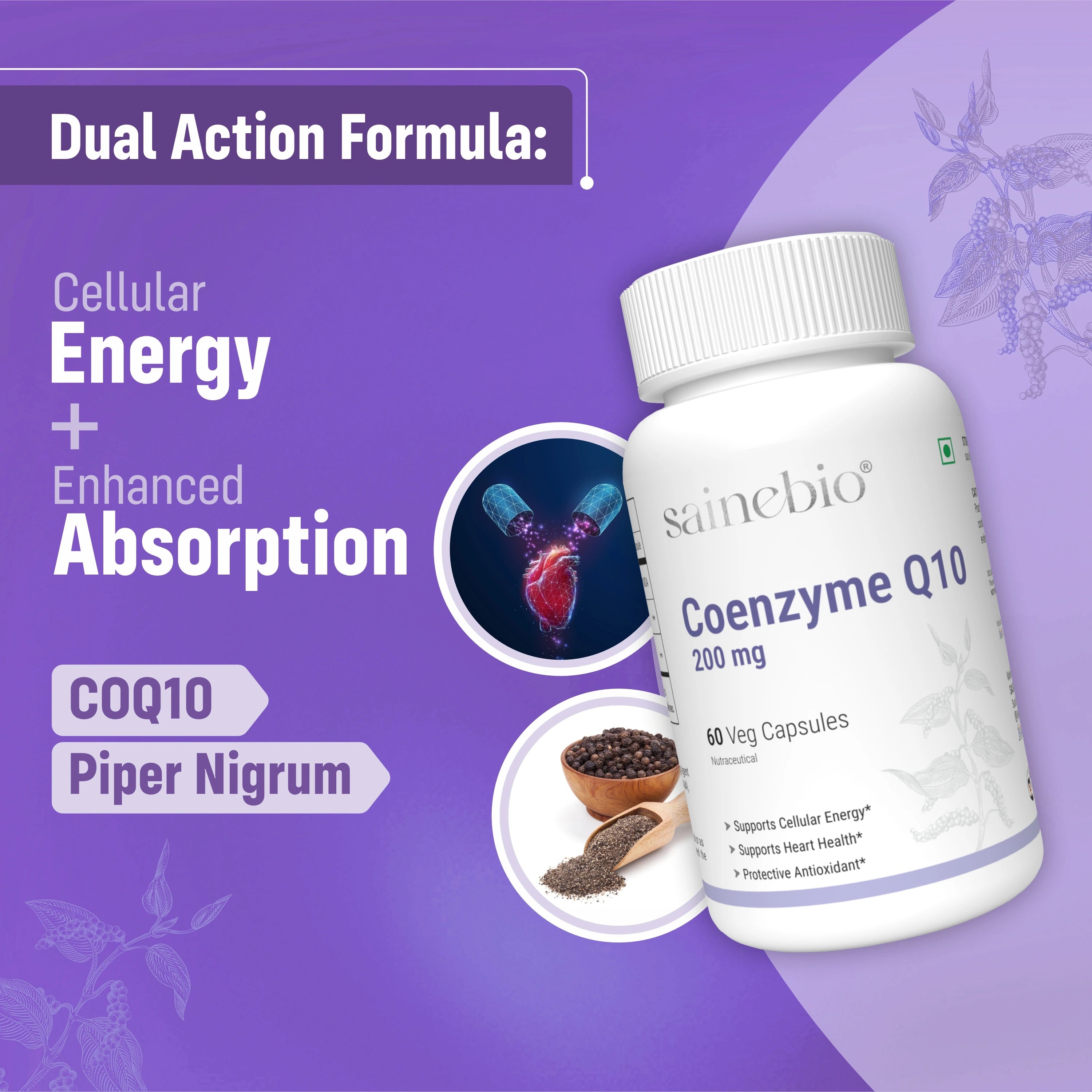 Sainebio Coenzyme Q10 200 mg – High Absorption CoQ10 Supplement – Natural Energy Support – Heart & Cellular Health – 60 Capsules - Pack Of 1