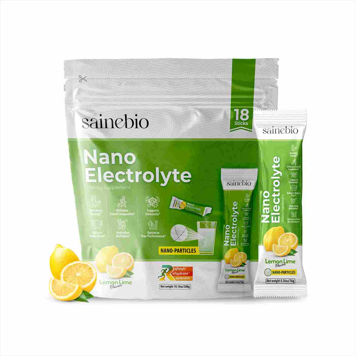 Sainebio Nano Electrolyte Powder | 18 Sachets | Potassium, Vitamin C, B-Complex | Hydration, Energy, Recovery & Immunity Support (18 Sachet, Lemon Lime)