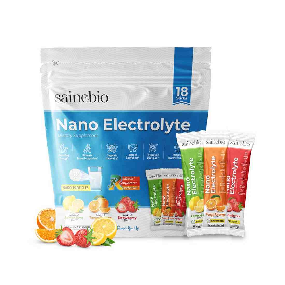 Sainebio Nano Electrolyte Powder Mix flavor | 18 Sachets| Potassium, Vitamin C, B-Complex | Hydration, Energy, Recovery & Immunity Support (6 Sachet, Strawberry, 6 Sachet Tangy oragne, 6 Sachet Lemon Lime)