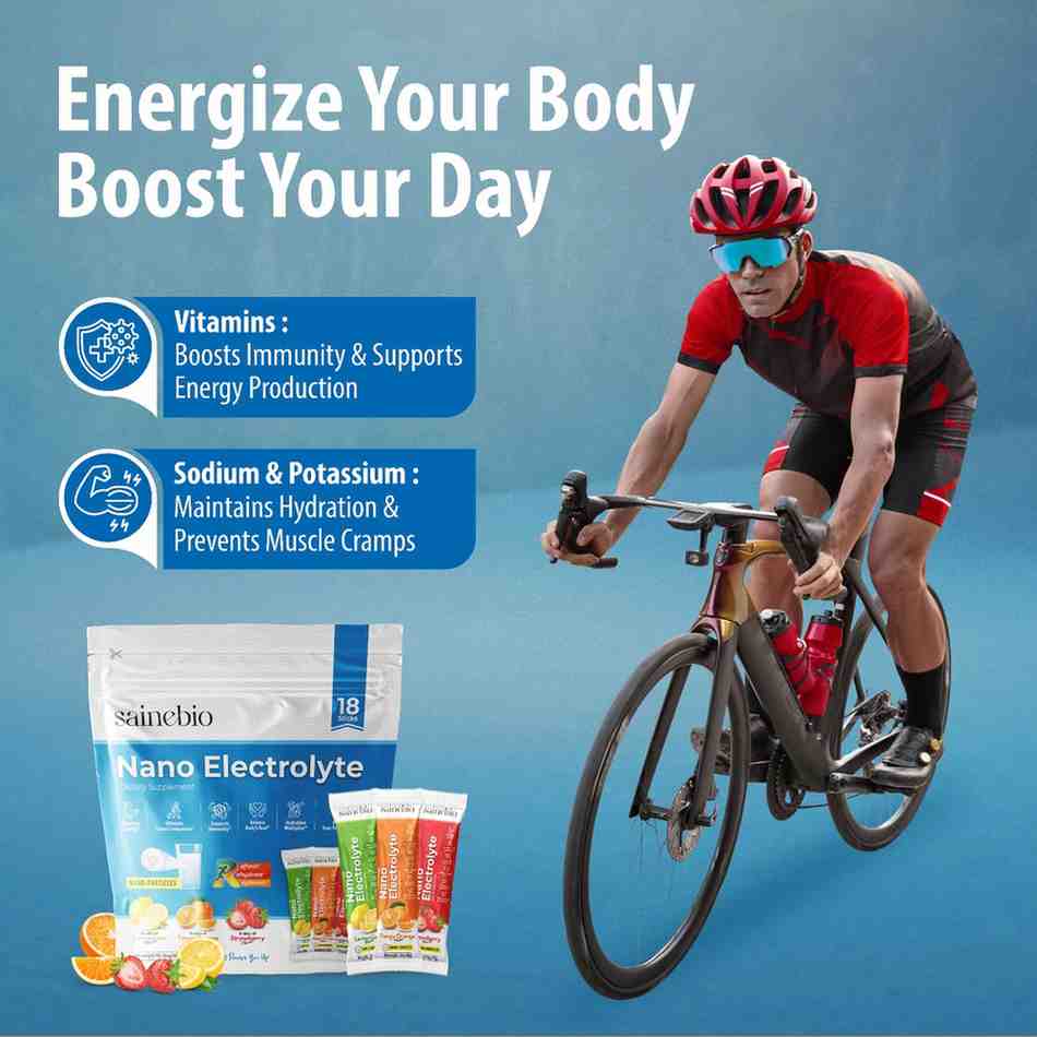 Sainebio Nano Electrolyte Powder Mix flavor | 18 Sachets| Potassium, Vitamin C, B-Complex | Hydration, Energy, Recovery & Immunity Support (6 Sachet, Strawberry, 6 Sachet Tangy oragne, 6 Sachet Lemon Lime)