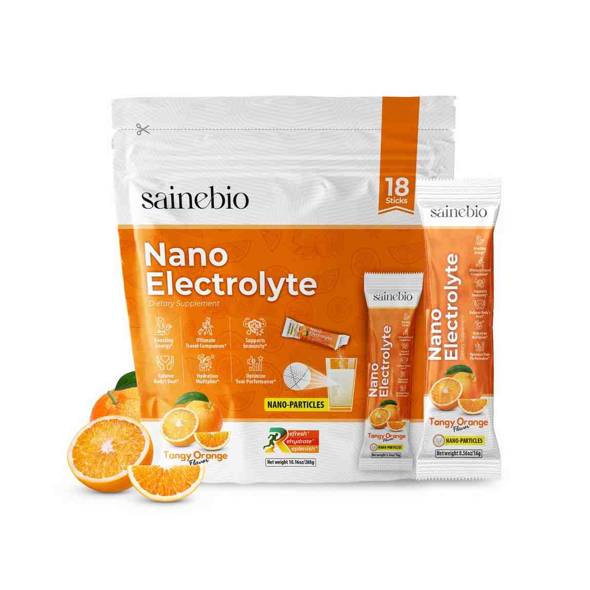 Sainebio Nano Electrolyte Powder | 18 Sachets | Potassium, Vitamin C, B-Complex | Hydration, Energy, Recovery & Immunity Support (18 Sachet, Tangy Orange)