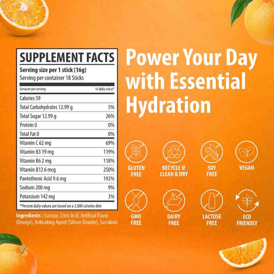 Sainebio Nano Electrolyte Powder | 18 Sachets | Potassium, Vitamin C, B-Complex | Hydration, Energy, Recovery & Immunity Support (18 Sachet, Tangy Orange)