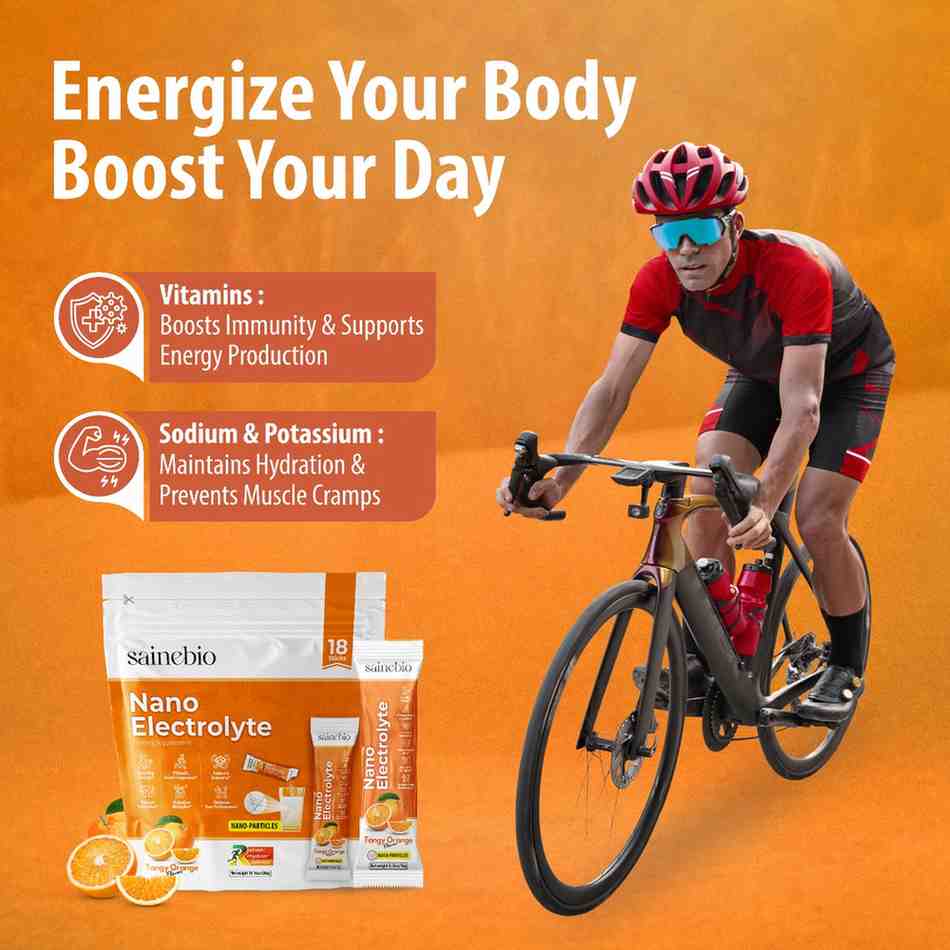 Sainebio Nano Electrolyte Powder | 18 Sachets | Potassium, Vitamin C, B-Complex | Hydration, Energy, Recovery & Immunity Support (18 Sachet, Tangy Orange)