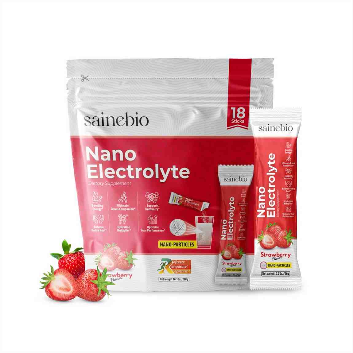 Sainebio Nano Electrolyte Powder | 18 Sachets | Potassium, Vitamin C, B-Complex | Hydration, Energy, Recovery & Immunity Support (18 Sachet, Strawberry)