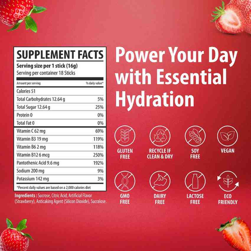 Sainebio Nano Electrolyte Powder | 18 Sachets | Potassium, Vitamin C, B-Complex | Hydration, Energy, Recovery & Immunity Support (18 Sachet, Strawberry)