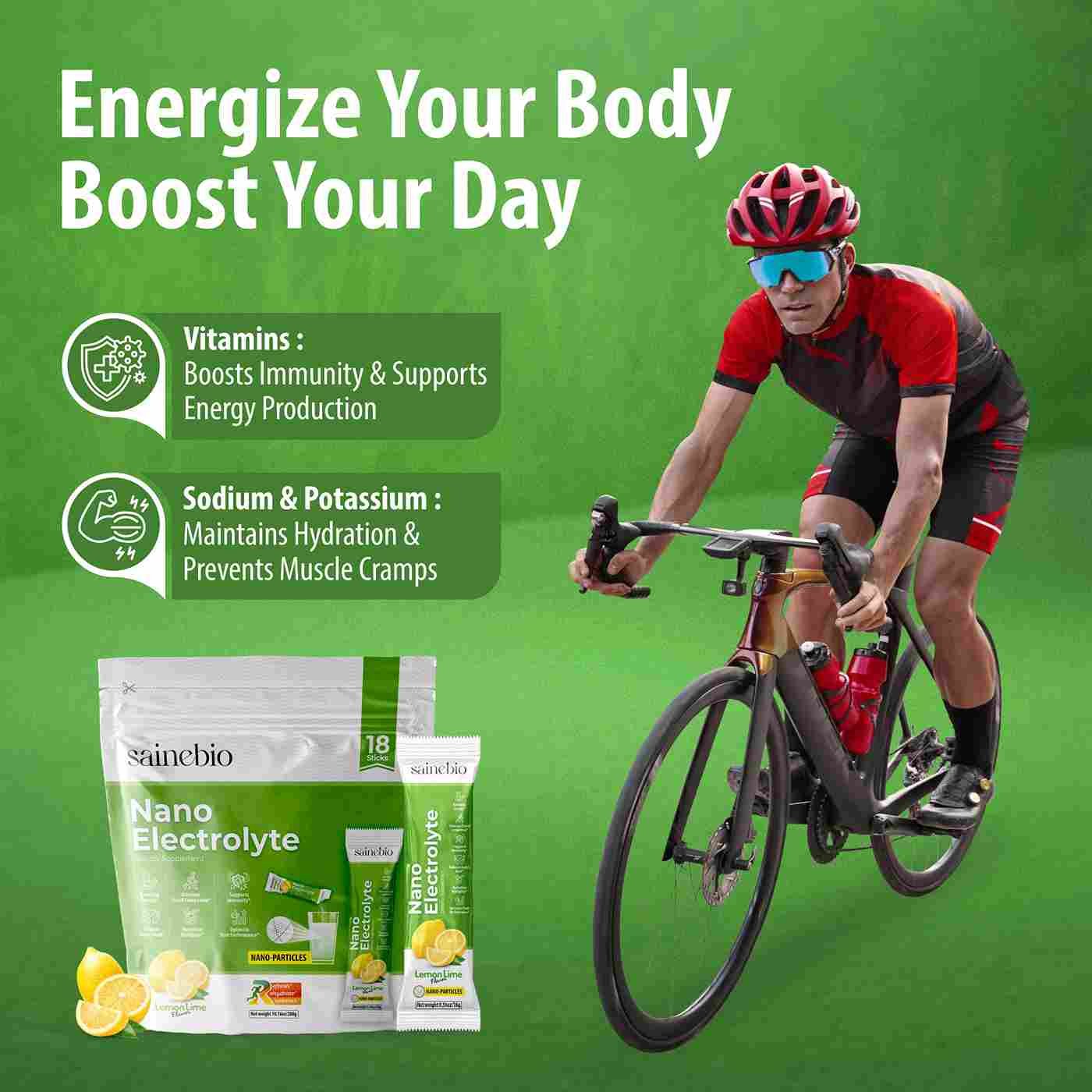 Sainebio Nano Electrolyte Powder | 18 Sachets | Potassium, Vitamin C, B-Complex | Hydration, Energy, Recovery & Immunity Support (18 Sachet, Lemon Lime)
