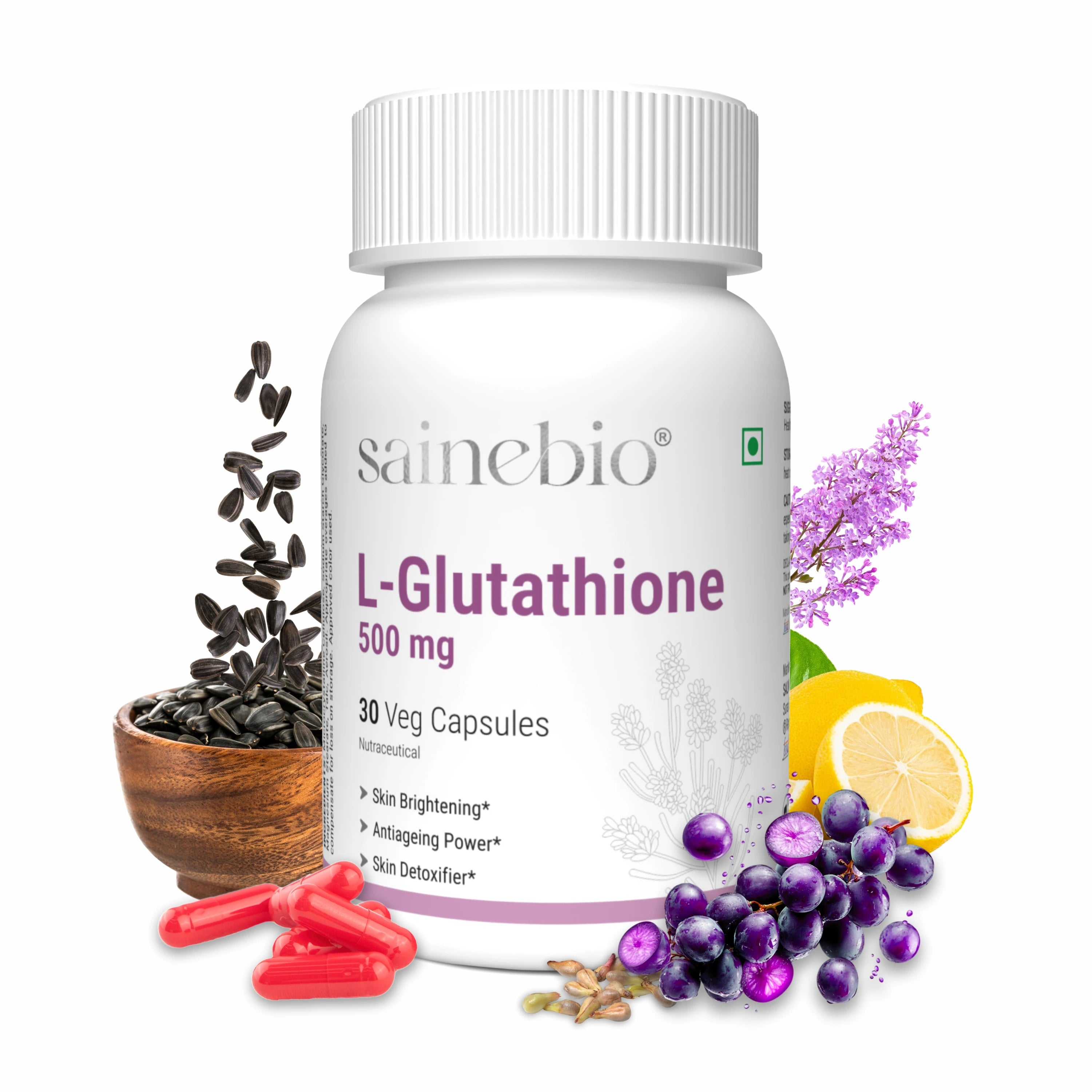 Sainebio L-Glutathione 500 mg – Antioxidant Complex with Vitamin C, E, Alpha Lipoic Acid, Grape Seed Extract & Hyaluronic Acid – 30 Capsules – Balanced Daily Supplement – 30 Capsules - Pack Of 1