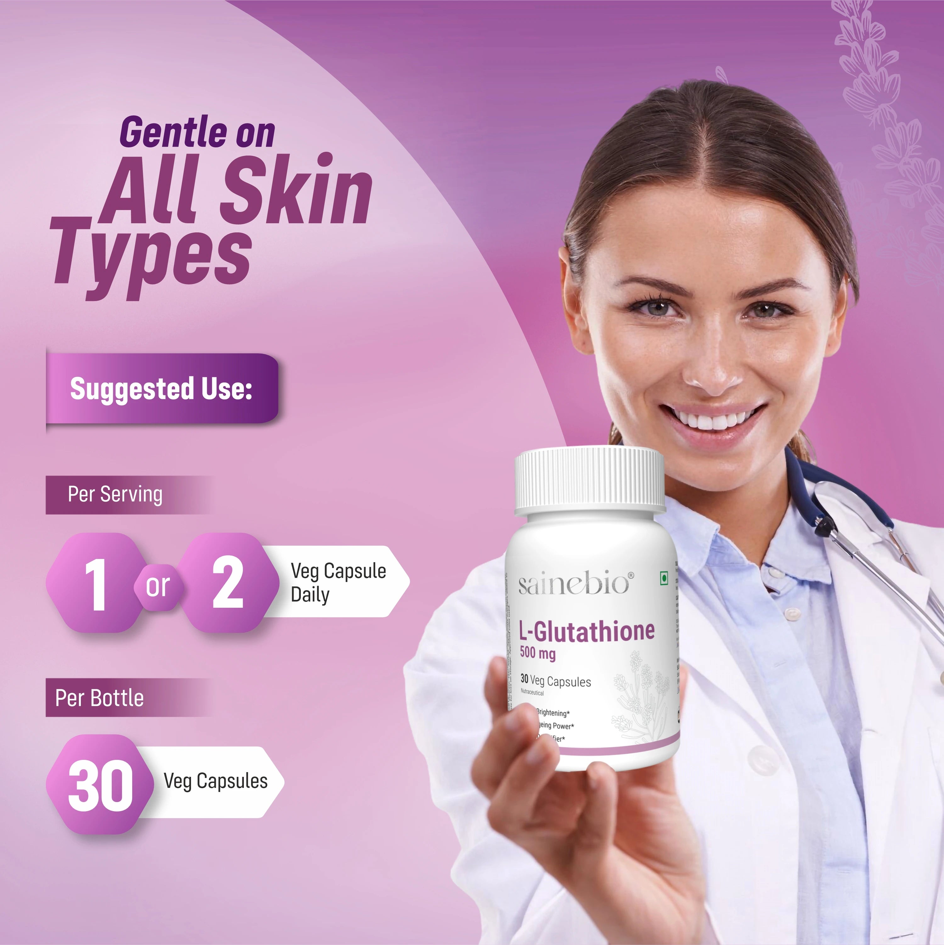 Sainebio L-Glutathione 500 mg – Antioxidant Complex with Vitamin C, E, Alpha Lipoic Acid, Grape Seed Extract & Hyaluronic Acid – 30 Capsules – Balanced Daily Supplement – 30 Capsules - Pack Of 1