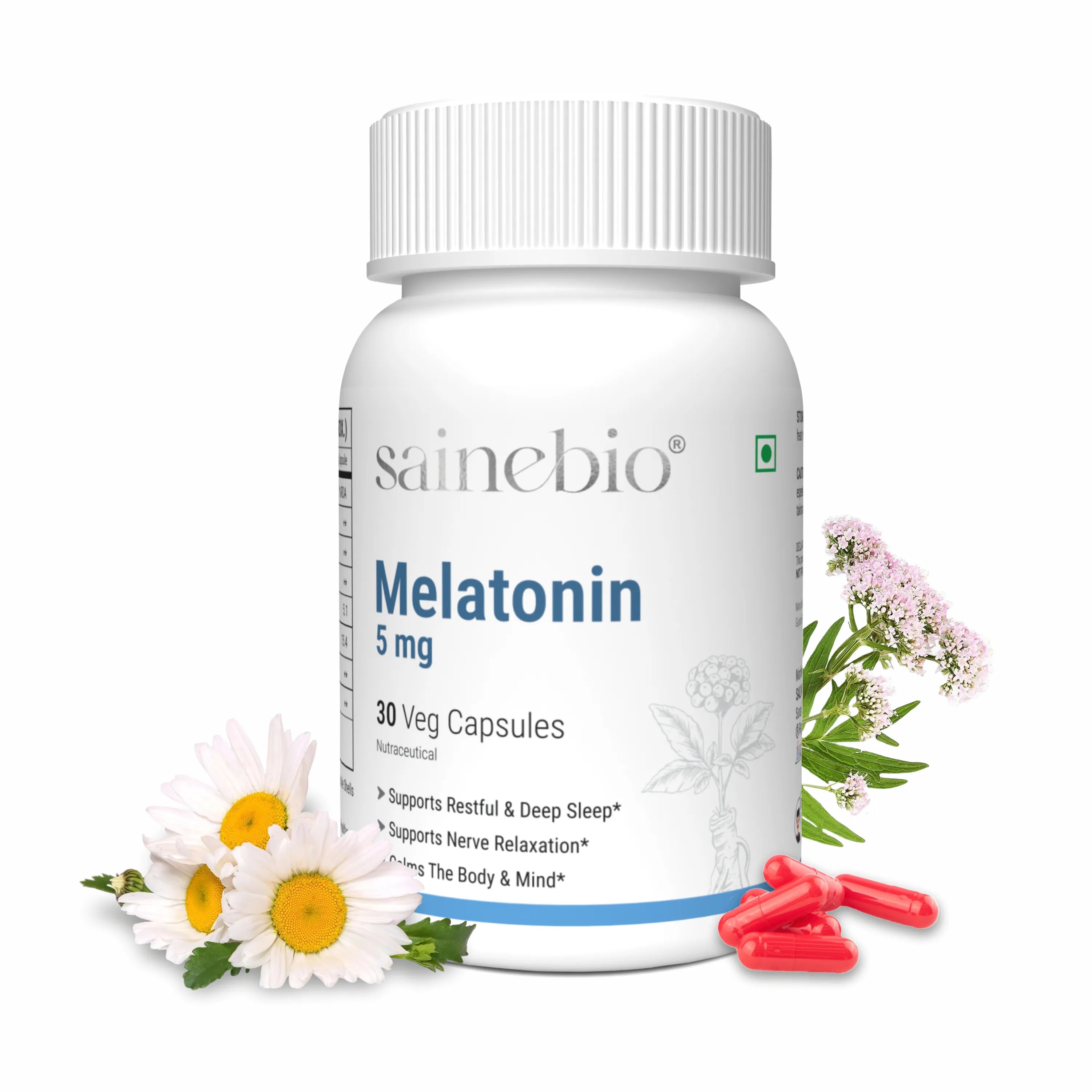Sainebio Melatonin 5mg Sleep Support - With Ashwagandha, L-Theanine, Valerian Root ( Tagar ), Chamomile, L Threonine & Herbal Extracts | Natural Sleep Aid for Deep, Restful Recovery | Promotes Deep Sleep 30 Capsules - Pack Of 1