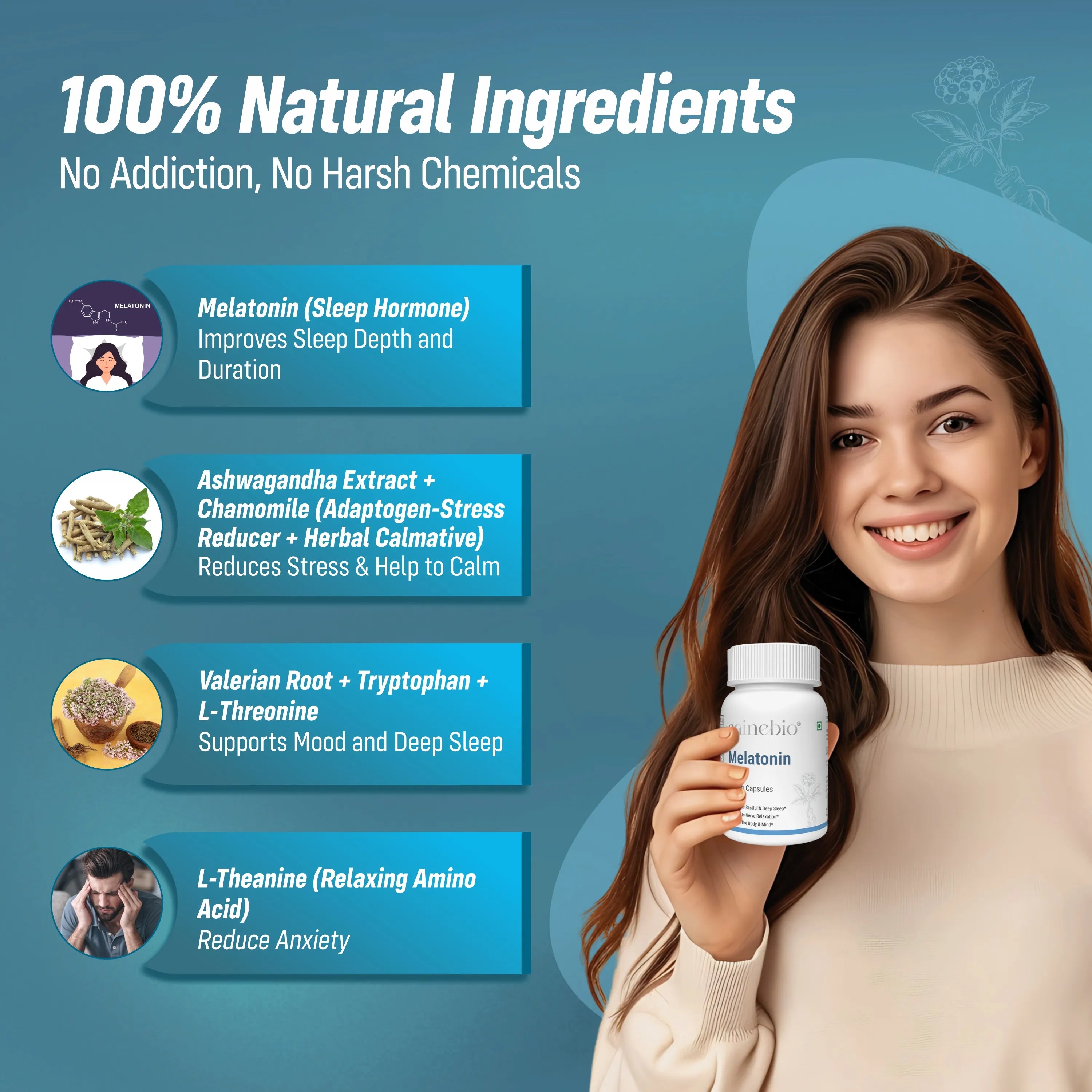 Sainebio Melatonin 5mg Sleep Support - With Ashwagandha, L-Theanine, Valerian Root ( Tagar ), Chamomile, L Threonine & Herbal Extracts | Natural Sleep Aid for Deep, Restful Recovery | Promotes Deep Sleep 30 Capsules - Pack Of 1