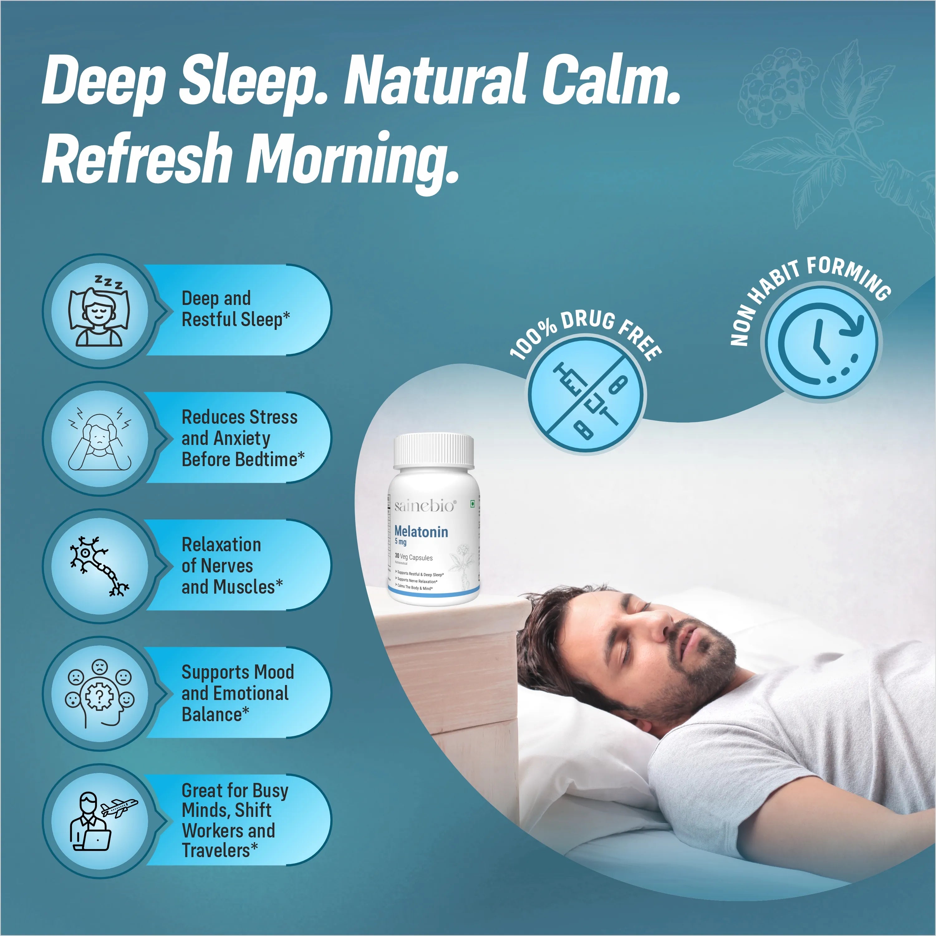 Sainebio Melatonin 5mg Sleep Support - With Ashwagandha, L-Theanine, Valerian Root ( Tagar ), Chamomile, L Threonine & Herbal Extracts | Natural Sleep Aid for Deep, Restful Recovery | Promotes Deep Sleep 30 Capsules - Pack Of 1