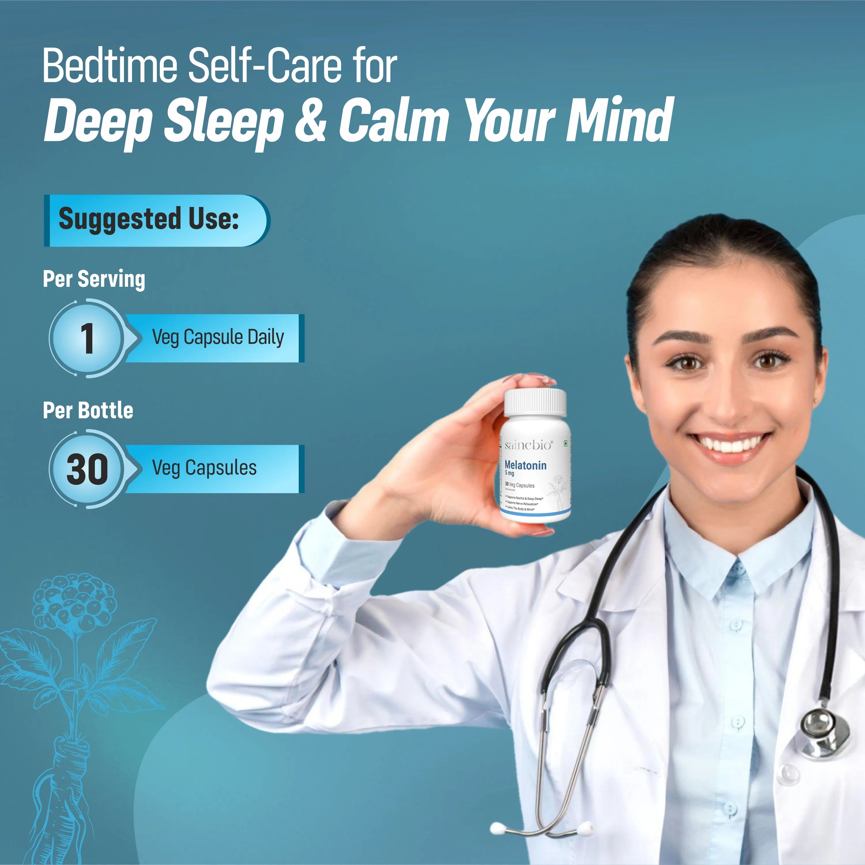 Sainebio Melatonin 5mg Sleep Support - With Ashwagandha, L-Theanine, Valerian Root ( Tagar ), Chamomile, L Threonine & Herbal Extracts | Natural Sleep Aid for Deep, Restful Recovery | Promotes Deep Sleep 30 Capsules - Pack Of 1