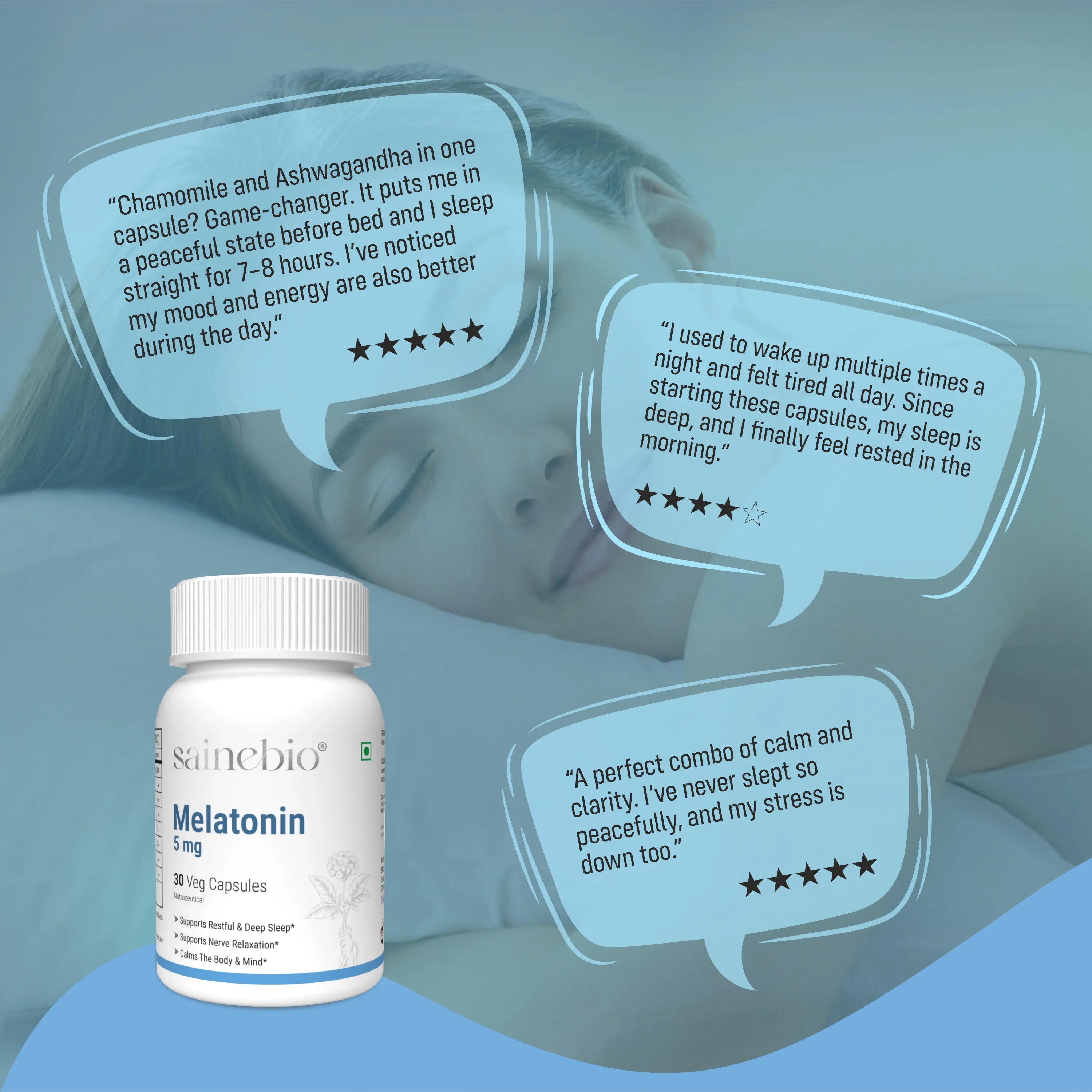 Sainebio Melatonin 5mg Sleep Support - With Ashwagandha, L-Theanine, Valerian Root ( Tagar ), Chamomile, L Threonine & Herbal Extracts | Natural Sleep Aid for Deep, Restful Recovery | Promotes Deep Sleep 30 Capsules - Pack Of 1