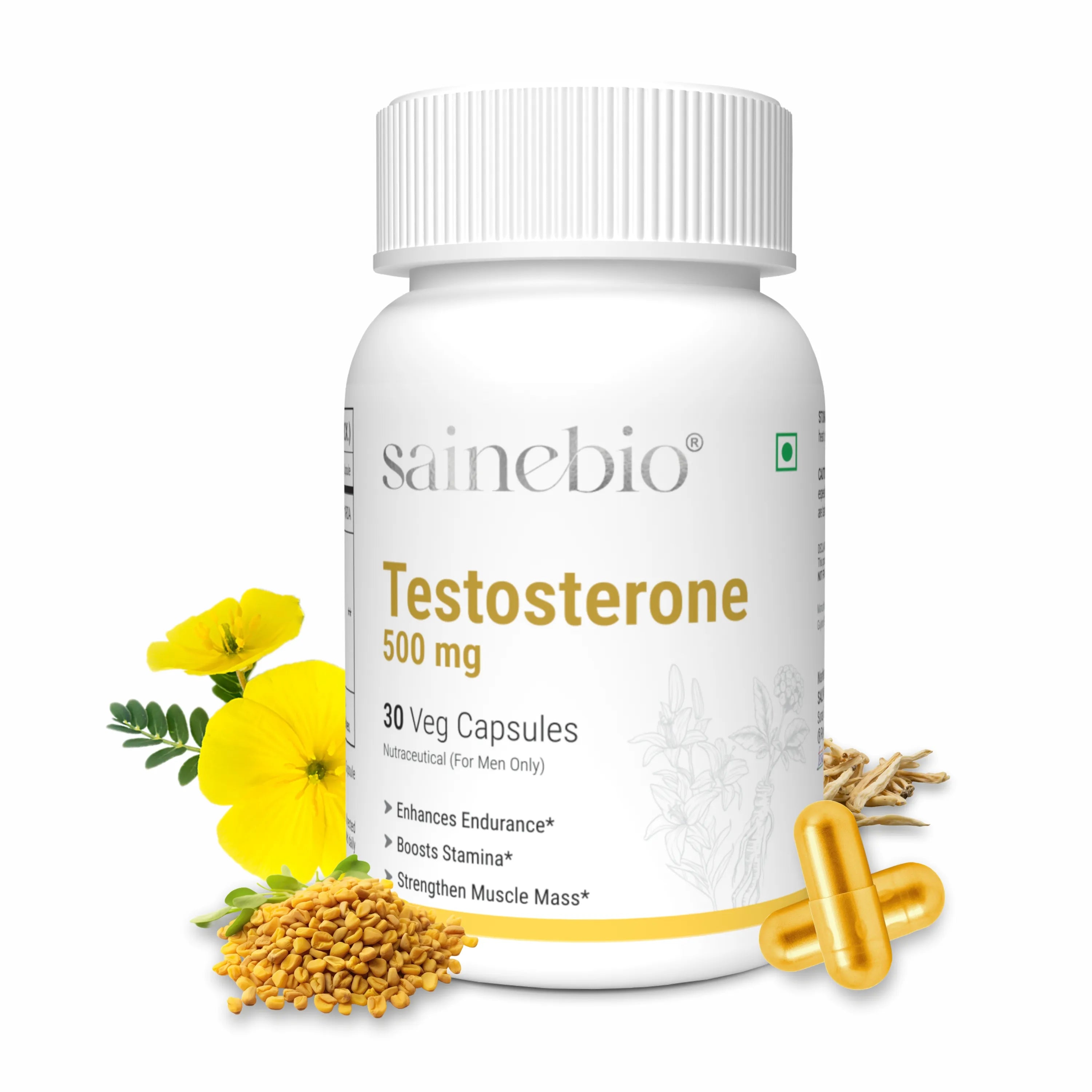 Sainebio Testosterone Booster for Men - 500mg Testoboost Blend with Ashwagandha, Tribulus, Fenugreek, L-Arginine, Ginseng - Natural Muscle Growth, Stamina & Vitality Support | 30 Capsules - Pack Of 1