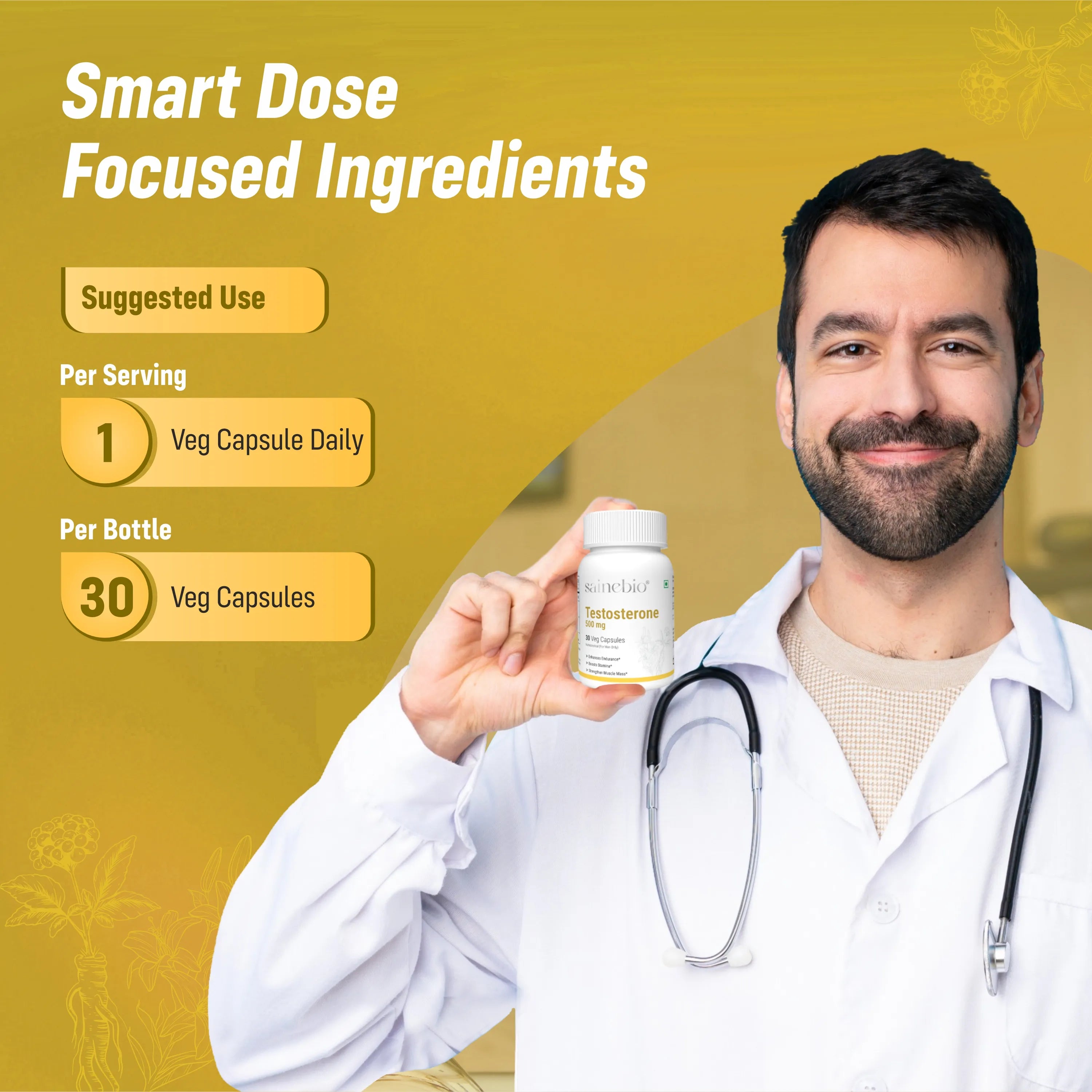 Sainebio Testosterone Booster for Men - 500mg Testoboost Blend with Ashwagandha, Tribulus, Fenugreek, L-Arginine, Ginseng - Natural Muscle Growth, Stamina & Vitality Support | 30 Capsules - Pack Of 1