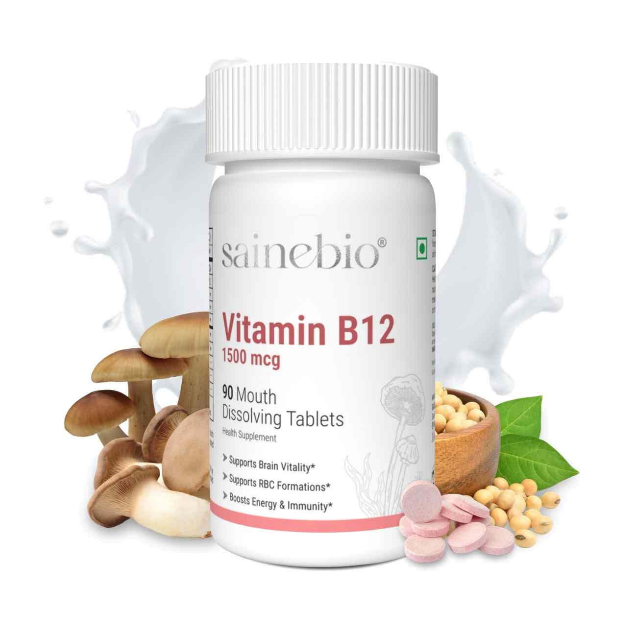 Sainebio Vitamin B12 1500 mcg Tablets with L-Methylfolate, B6 & D3 – Active B12 Methylcobalamin – Energy, Nerve & Brain Support – Vegan-Friendly Fast Absorbing Mouth Dissolving Supplement - Delicious Mango Flavor 90 Tablets - Pack Of 1