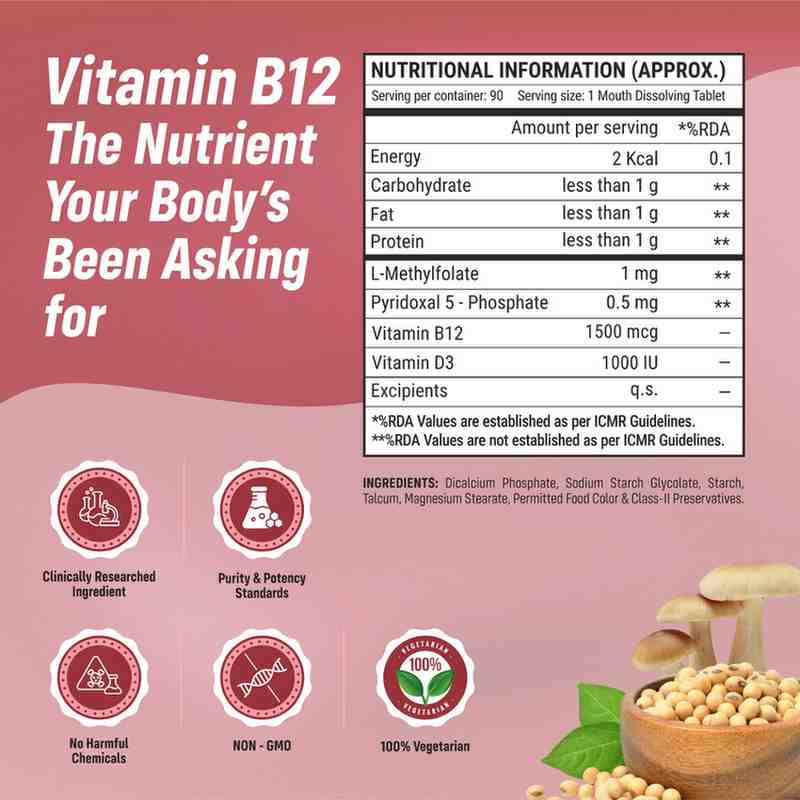 Sainebio Vitamin B12 1500 mcg Tablets with L-Methylfolate, B6 & D3 – Active B12 Methylcobalamin – Energy, Nerve & Brain Support – Vegan-Friendly Fast Absorbing Mouth Dissolving Supplement - Delicious Mango Flavor 90 Tablets - Pack Of 1