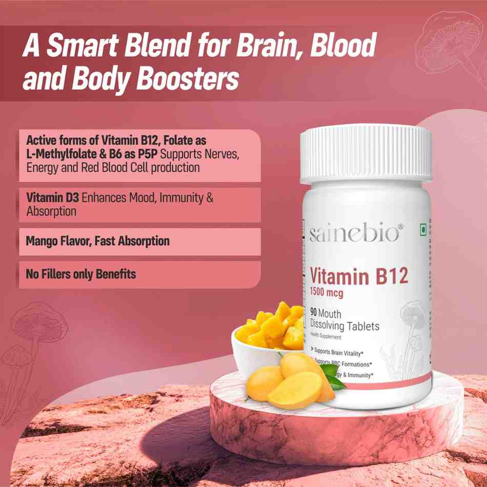 Sainebio Vitamin B12 1500 mcg Tablets with L-Methylfolate, B6 & D3 – Active B12 Methylcobalamin – Energy, Nerve & Brain Support – Vegan-Friendly Fast Absorbing Mouth Dissolving Supplement - Delicious Mango Flavor 90 Tablets - Pack Of 1