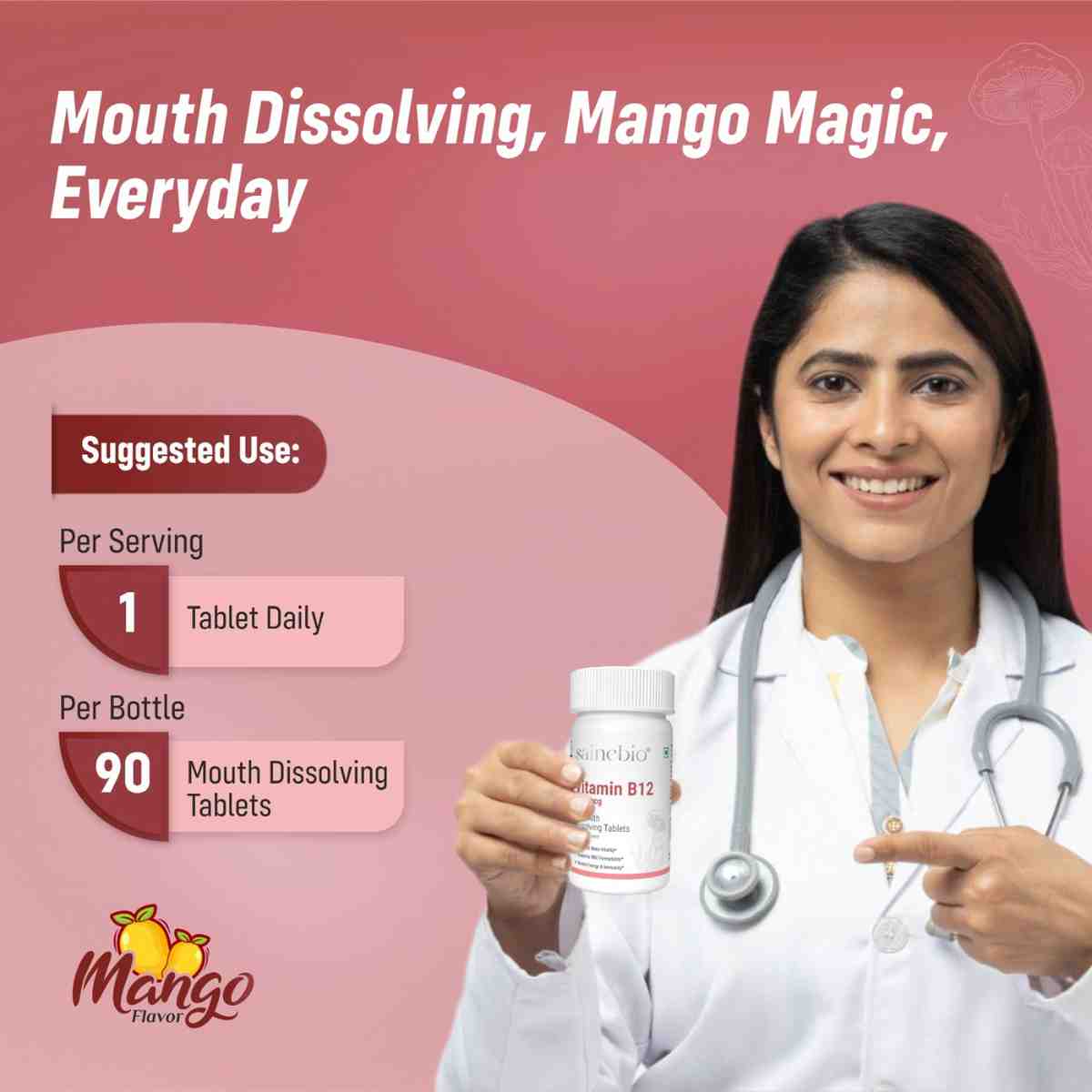 Sainebio Vitamin B12 1500 mcg Tablets with L-Methylfolate, B6 & D3 – Active B12 Methylcobalamin – Energy, Nerve & Brain Support – Vegan-Friendly Fast Absorbing Mouth Dissolving Supplement - Delicious Mango Flavor 90 Tablets - Pack Of 1