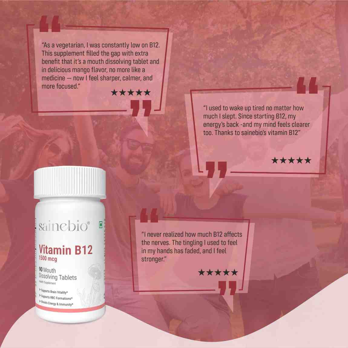 Sainebio Vitamin B12 1500 mcg Tablets with L-Methylfolate, B6 & D3 – Active B12 Methylcobalamin – Energy, Nerve & Brain Support – Vegan-Friendly Fast Absorbing Mouth Dissolving Supplement - Delicious Mango Flavor 90 Tablets - Pack Of 1