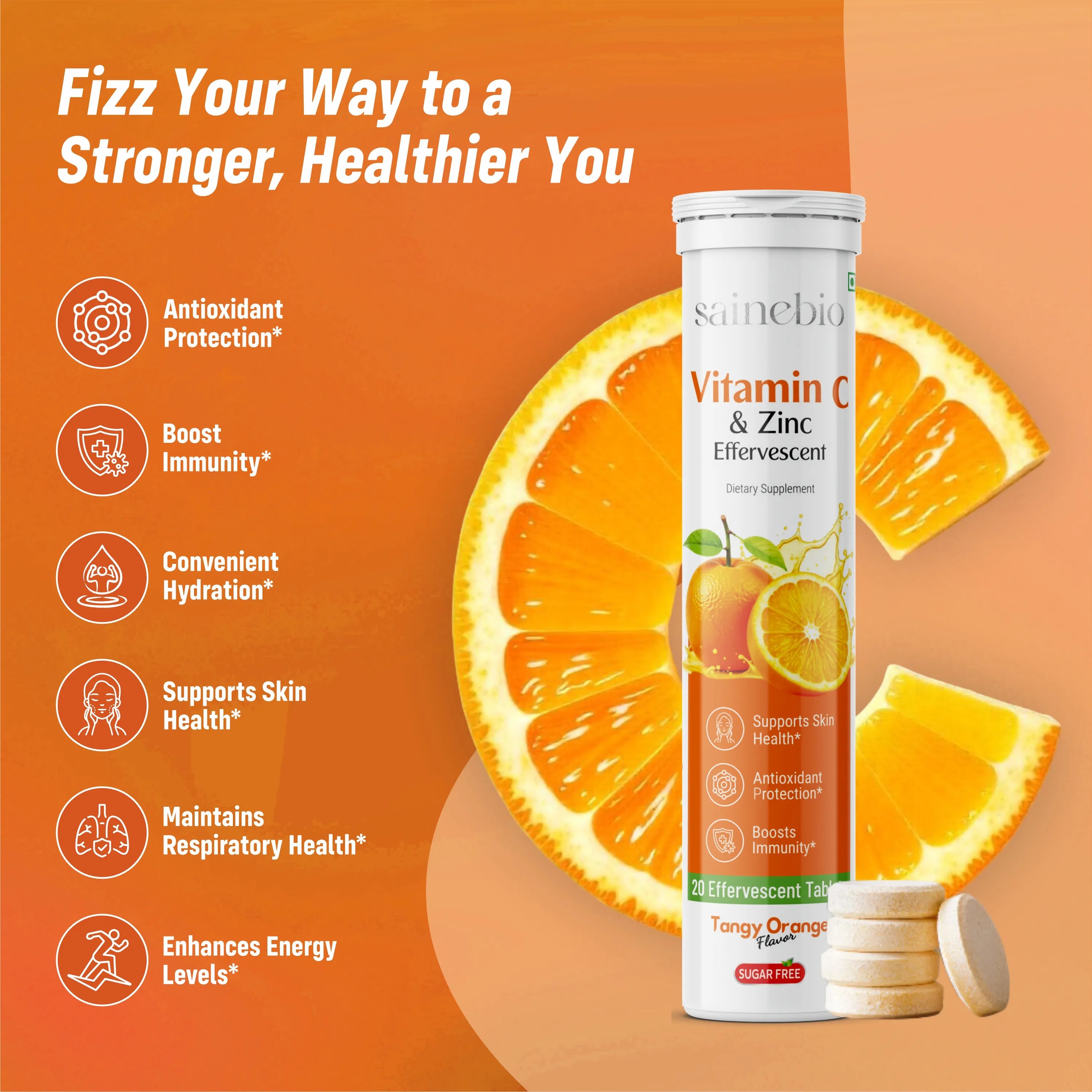 Sainebio Vitamin C 1000mg & Zinc 10 mg Effervescent Tablets – Immune Support Supplement with Tangy Orange Flavor – Boost Immunity, Energy & Antioxidant Protection – 20 Effervescent Tablets - Pack Of 1