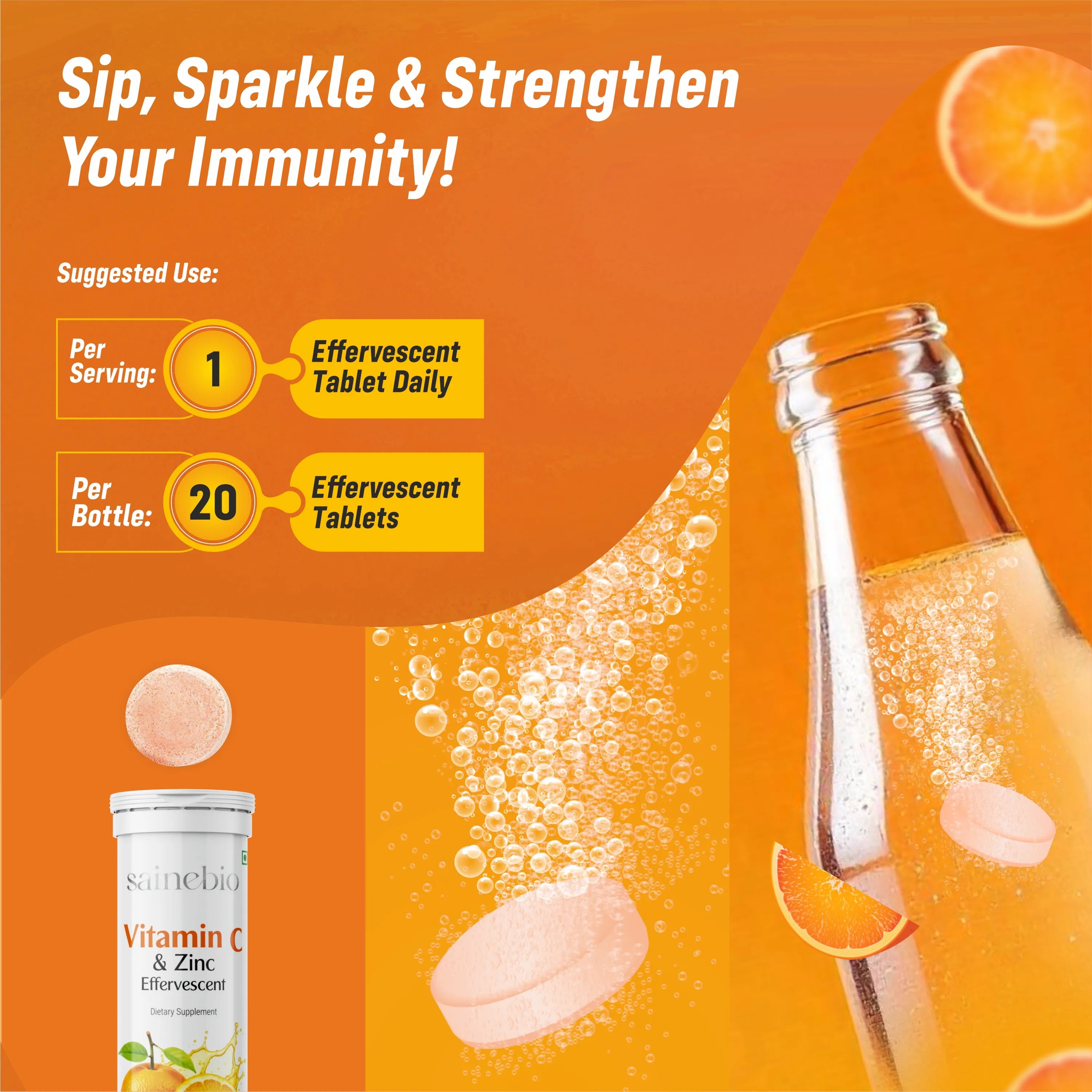 Sainebio Vitamin C 1000mg & Zinc 10 mg Effervescent Tablets – Immune Support Supplement with Tangy Orange Flavor – Boost Immunity, Energy & Antioxidant Protection – 20 Effervescent Tablets - Pack Of 1