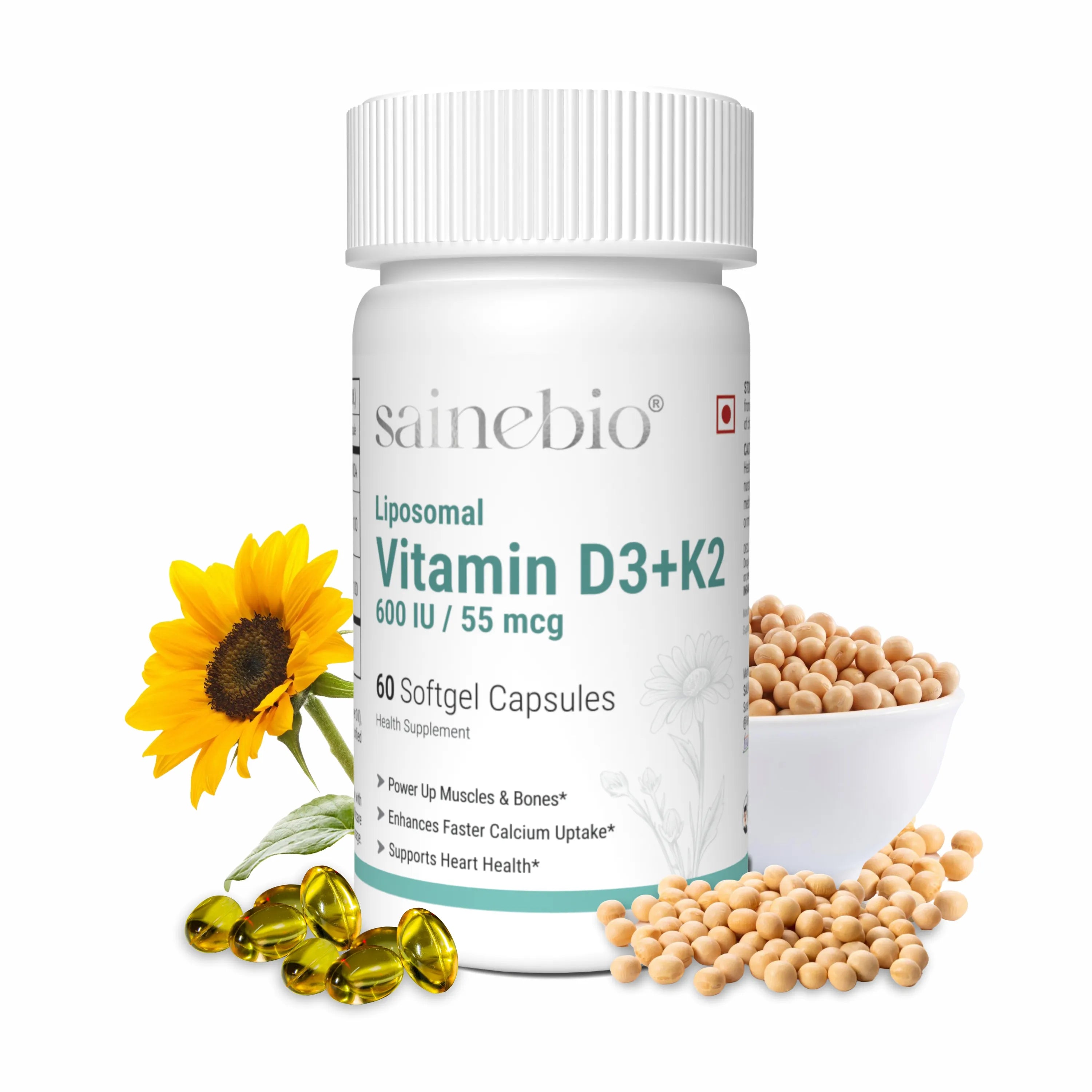 Sainebio Liposomal Vitamin D3 + K2 Softgels – 600 IU D3 & 55 mcg K2 – High Absorption Formula – Supports Bone, Heart & Immune Health – 125 mcg D3 + 100 mcg K2 Active Ingredients – 60 Softgel - Pack Of 1