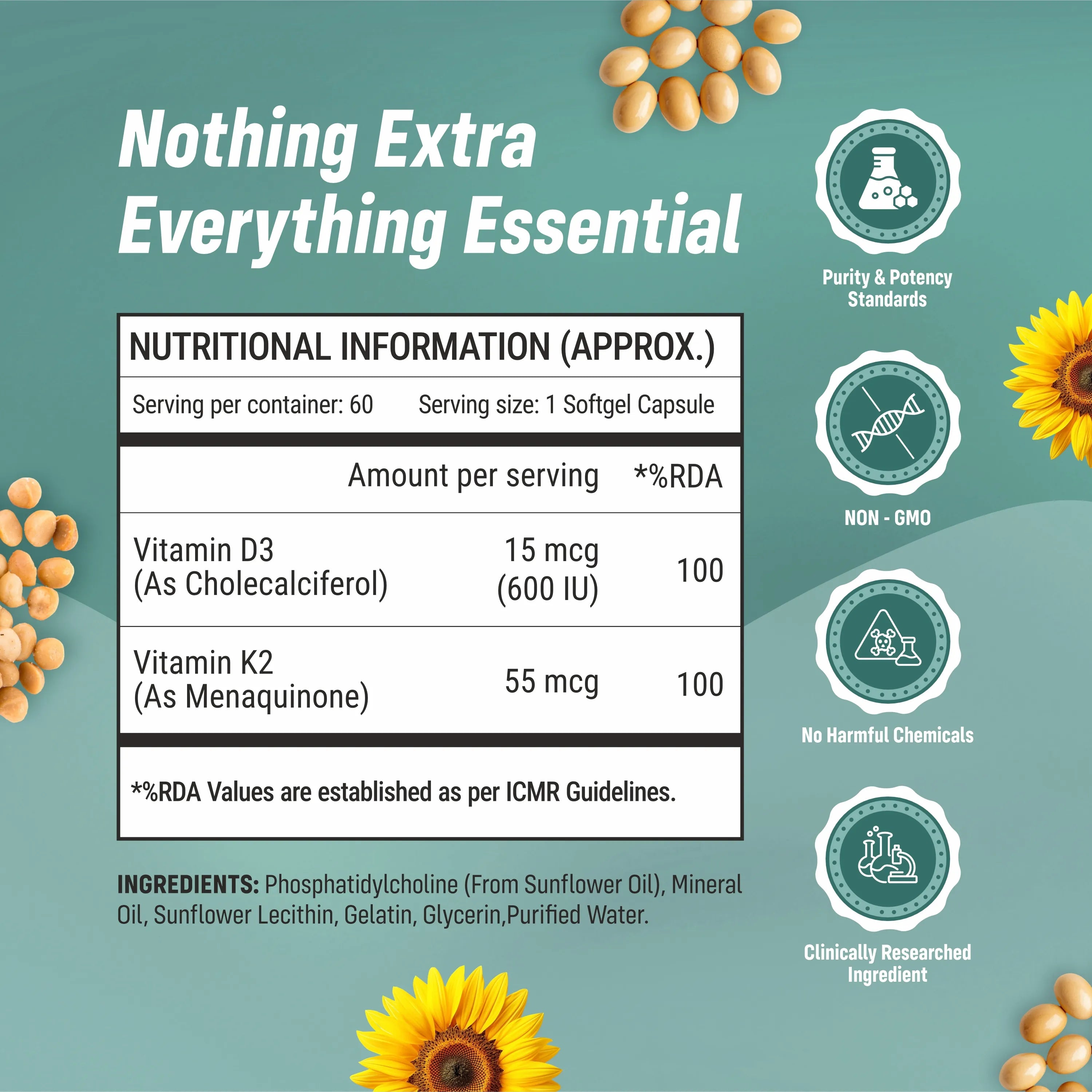 Sainebio Liposomal Vitamin D3 + K2 Softgels – 600 IU D3 & 55 mcg K2 – High Absorption Formula – Supports Bone, Heart & Immune Health – 125 mcg D3 + 100 mcg K2 Active Ingredients – 60 Softgel - Pack Of 1