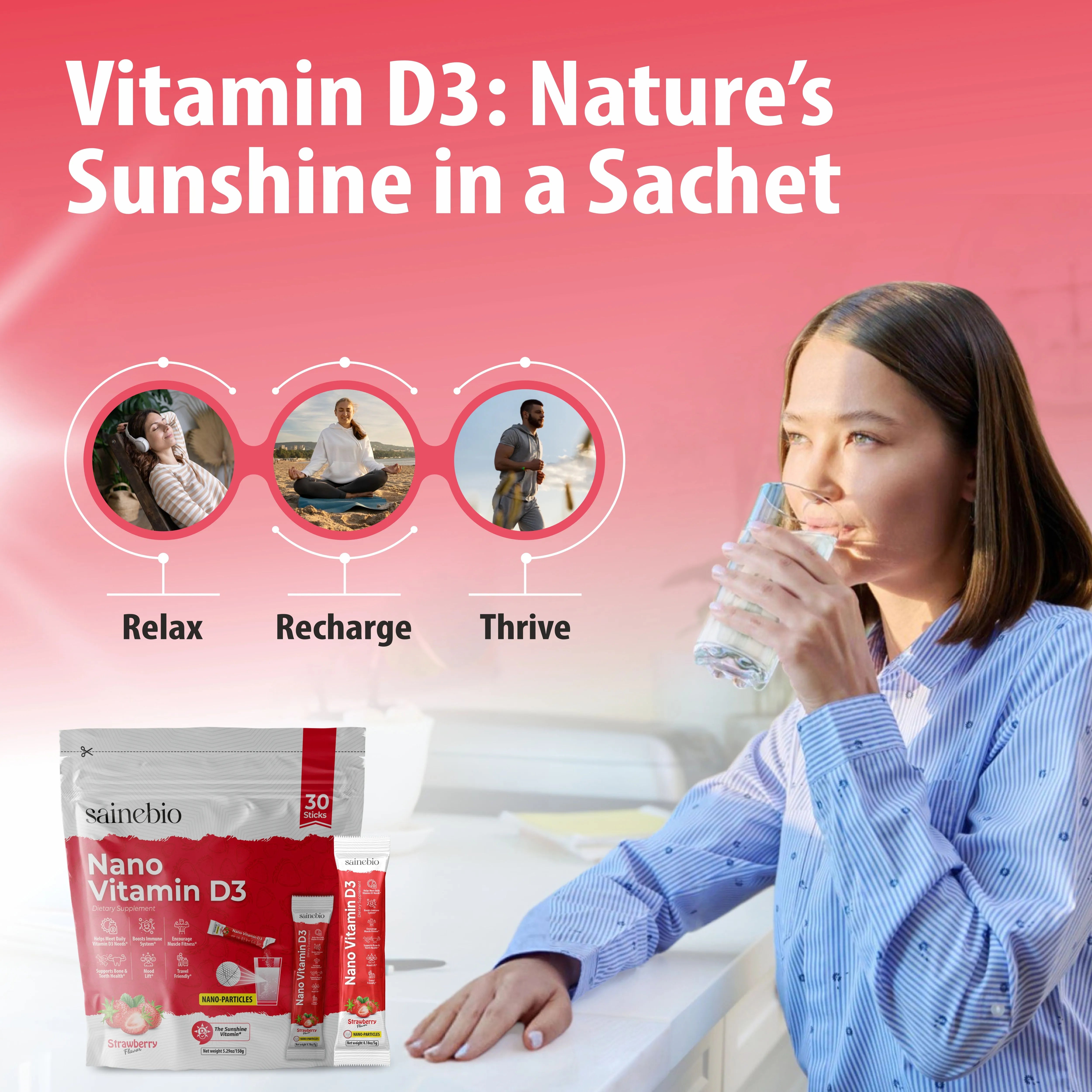 Sainebio Nano Vitamin D3 Powder Strawberry Flavour
